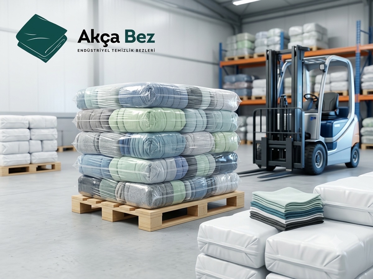Paletlenmiş, streç filmle sarılmış parça bez paketleri ve depo forklifti